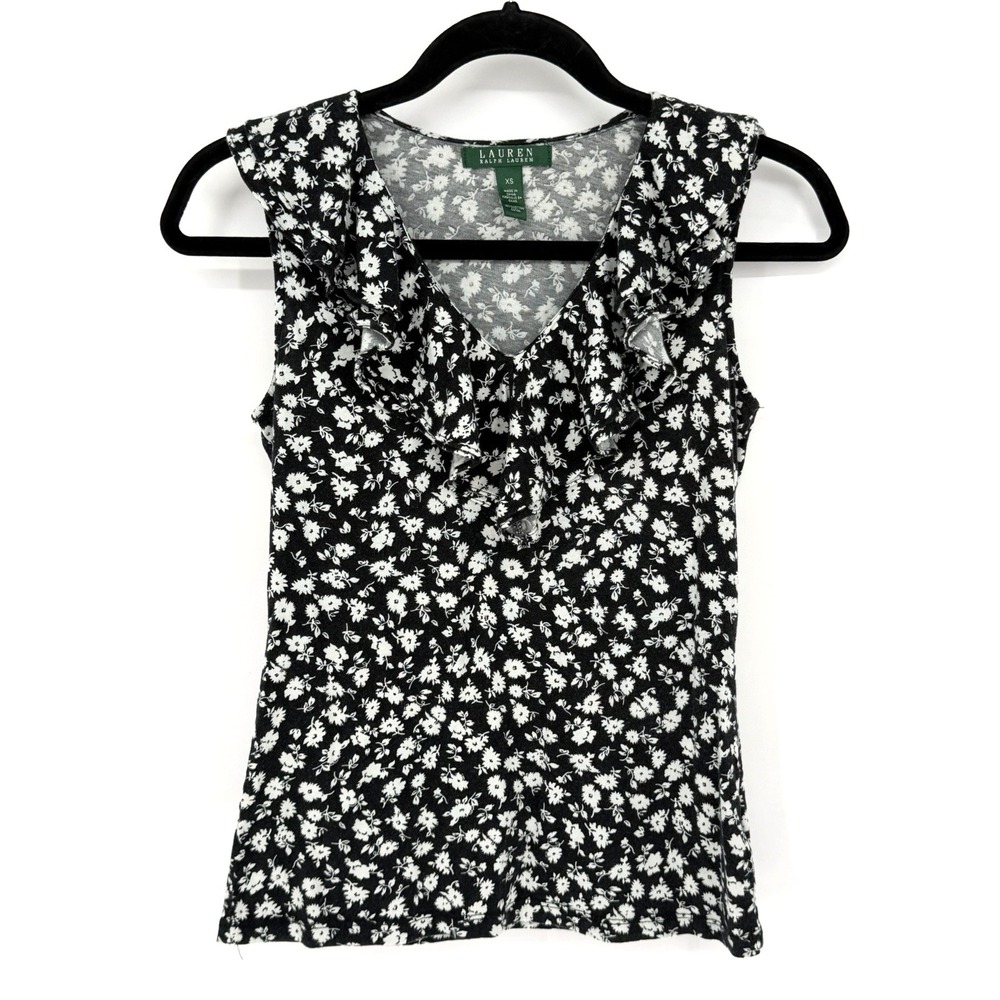 Lauren Ralph Lauren Women's XS Sleeveless Blouse Black Floral Top Ruffle Trim
